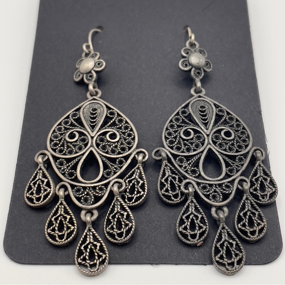 Vintage Silver Filigree Chandelier Earrings • Boho Statement Dangles - Picture 5 of 7